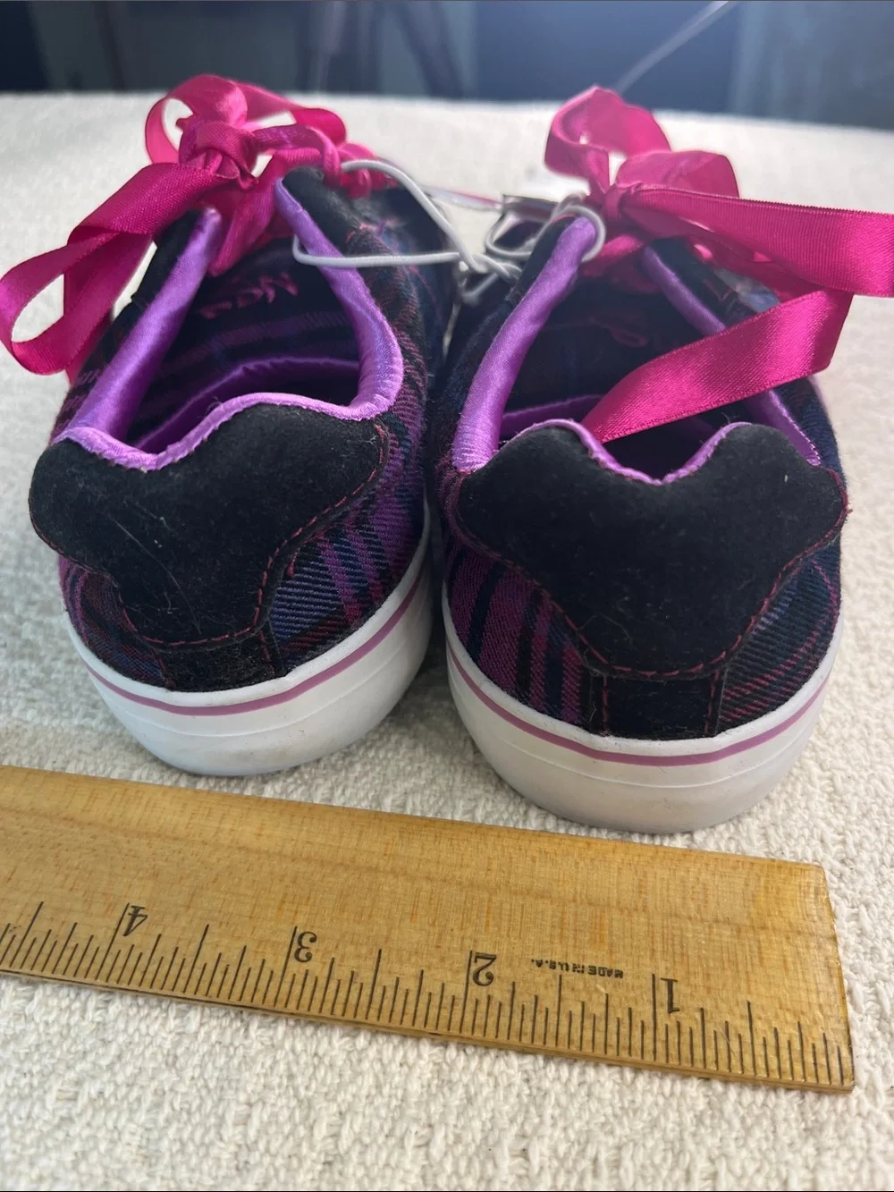 NSS Girls ribbon tie, plaid tennis shoes, NWT size 13, black purple pink vintage